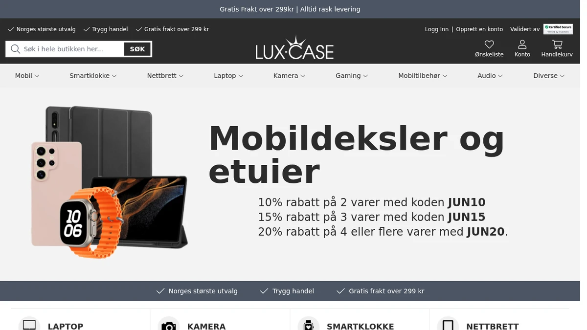 Lux-Case nettbutikk — skjermbilde av forsiden