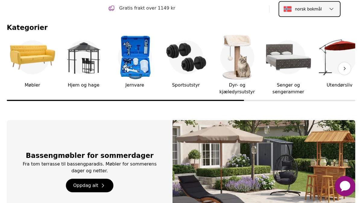 vidaXL nettbutikk — skjermbilde av forsiden
